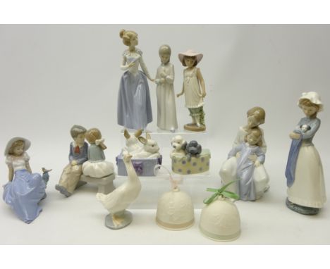 Two Lladro bells, Nao figurine 'Listening to the Birds' No. 1042, Nao 'My Pup' No. 241, H25cm and other Nao figurines (12)   