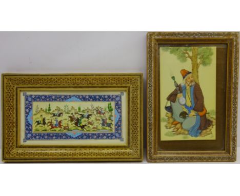 Hunting Scene, painted plaque boarder painted on paper 15cm x 29cm and Man Seated Under Tree Smoking a Hookah, painted plaque