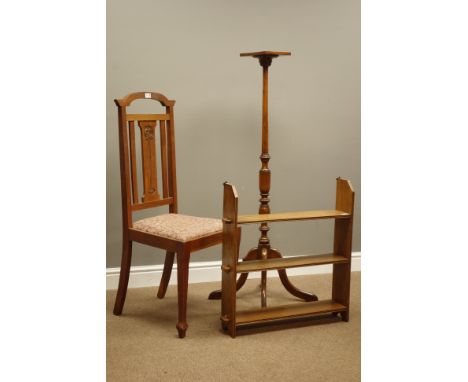 Art Nouveau period bedroom chair, carved floral motif, oak three tier wall hanging shelf and an oak plant stand, turned colum