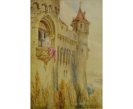 Lady Leaning out Castle Balcony, watercolour signed with initials and dated 1865 by W. J Bottomley, Boy Playing Lyre Harp in 