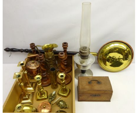 Early 19th century mahogany tea caddy, 19th century brass candlesticks, barley twist oak candlesticks, trench art, brass stag