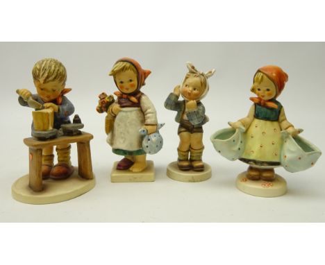 Four Goebel Hummel figurines, 'Weary Wanderer', 'Mothers Darling', 1950s 'Boy with Toothache' and 'A Fair Measure', H15cm (4)