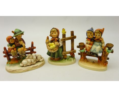 Three Goebel Hummel figurines, 'Coquettes', 'Chicken Licken' and 'Eventide', H13cm (3)   Condition Report   Click here for fu