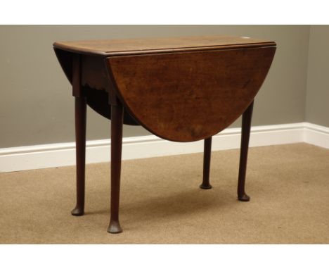 18th century mahogany drop leaf table, on gate leg action base, pad foot supports, 97cm x 108cm, H71cm   Condition Report   C