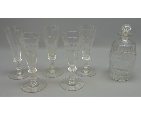 Set five Georgian style faceted drinking glasses with drawn trumpet bowls and a Georgian cut glass decanter (6)