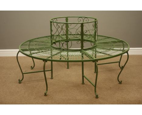 Circular green painted metal tree surround bench, D140cm