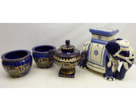 Ceramic elephant jardiniere stand, H43cm, Royal Limoges urn shaped lidded vase and two planters each decorated with classical