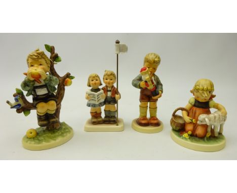 Four Goebel Hummel figurines, 'An Apple A Day', 'Nutcracker Sweet', 'Favourite Pet' and 'Celebrate with Song', H18cm, all box