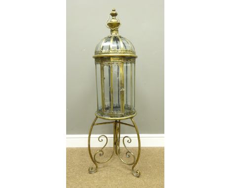 Bronzed finish circular lantern with carrying handle on stand, D34cm, H115cm