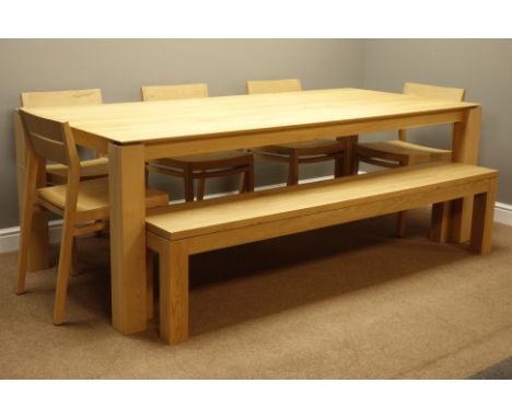 'Ethnicraft' rectangular oak dining table on square supports (220cm x 100cm, H77cm), with bench seat and five chairs