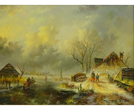 Continental Winter Landscape with Figures on a River, 20th century oil on panel signed K. Shultz 29cm x 39cm in ornate gilt f