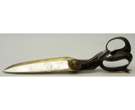 Pair late Victorian Wilkinson & Son tailors scissors with brass mounts, the blade stamped 'Wilkinson's Lined Blades', L35cm  
