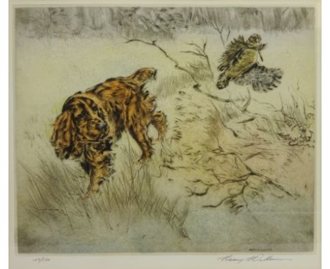Spaniel and Snipe, limited edition dry point etching No.123/150 signed by Henry Wilkinson (British 1921-2011) 27cm x 31.5cm  