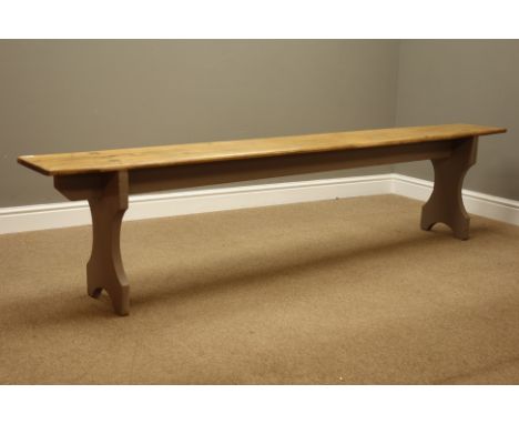 Early 20th century large polished pine school bench, on painted supports, L229cm   Condition Report   Click here for further 