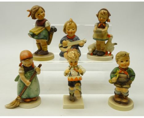 Six Goebel Hummel figurines including; 'Trumpet Boy', 'Be Patient', 'Bashful!', H12cm and three others (6)   Condition Report