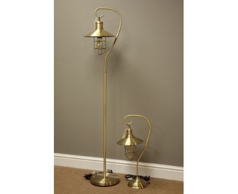 Burnished brass finish standard lamp with hanging lantern and matching table lamp both with Edison bulbs   Condition Report  