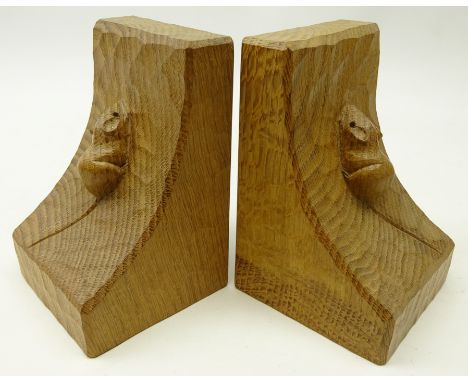 'Mouseman' pair adzed oak bookends by Robert Thompson of Kilburn, H16cm   Condition Report   Click here for further images, c