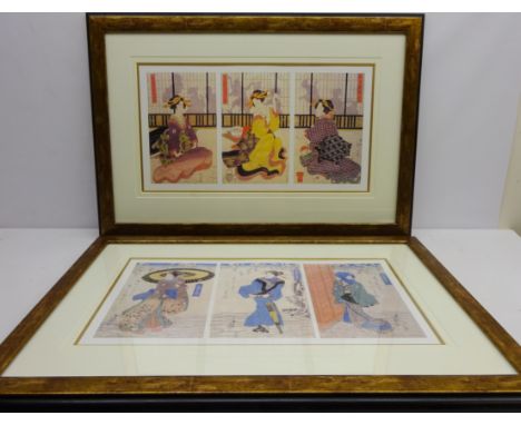 'Geisha Playing 'Kitsune Ken' and Three Beauties under Plum Blossom' two 20th century Kakemono prints after Kikugawa Eizan an