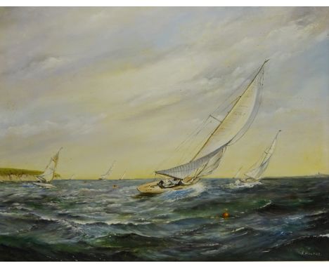 Racing Yachts off Shore, 20th century oil on board signed by J. Holmes 44cm x 57cm and Boats in Harbour, 20th century over pa