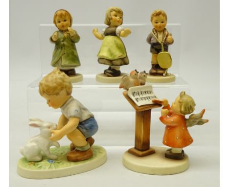 Five Goebel Hummel figurines, 'Bird Duet', 'No Thank You', 'Spring Waltz', 'Set 1 Year' and 'Private Conversation', H11cm, al