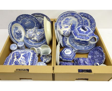 Early 20th century Copeland teapot, three Spode 'Blue Room Collection' plates and other blue and white ceramics in two boxes 