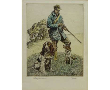 Man with Gun and Two Spaniels, limited edition dry point etching No.74/100 signed by Henry Wilkinson (British 1921-2011) 22.5