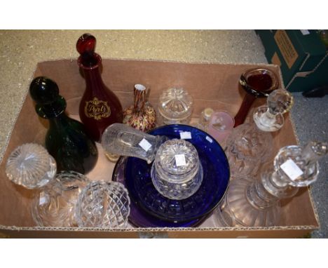 A 19th century glass decanter; others, red and green glass; Murano; Studio glass; etc.