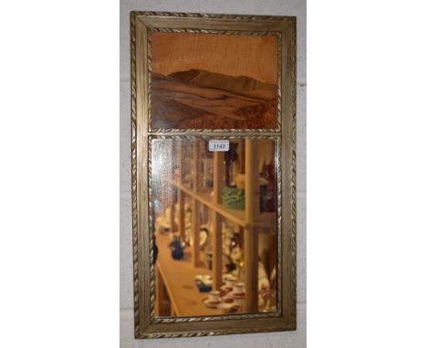 A Rowley Gallery, Kensington rectangular wall mirror, with marquetry inlaid panel of rolling hills,  62cm x 32cm, part label 