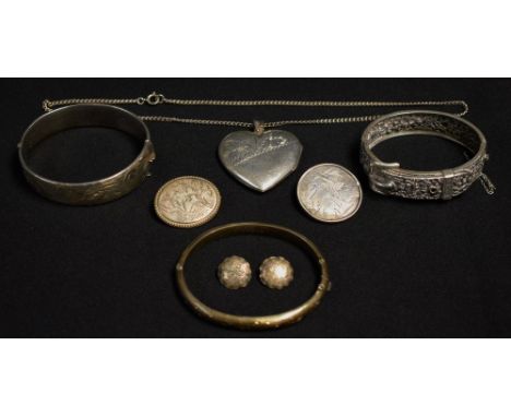 A late 19th century sterling silver circular Aesthetic Movement engraved brooch; other sterling silver jewellery, a hinged ba