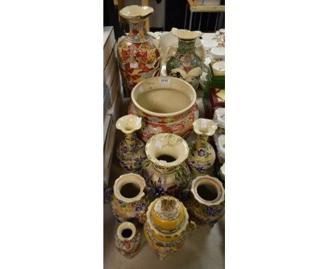 Ceramics - a pair of early 20th century Japanese Satsuma vases; others including urnular vases, planter, jardiniere, etc