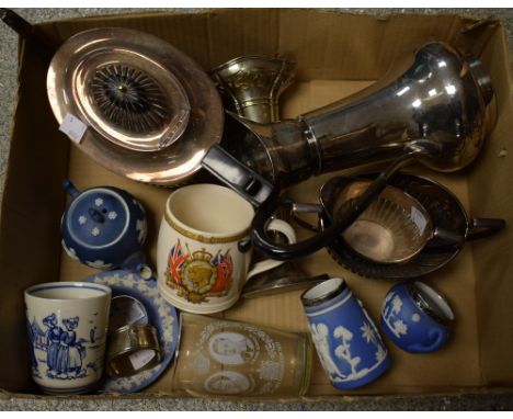 A silver vase with pierced rim; silver napkin ring; EPNS three piece tea service; Jasperware; etc 