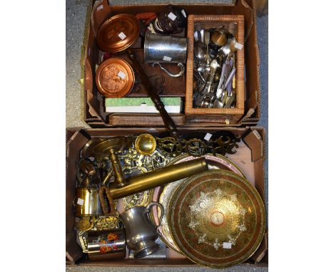 Metalware - a brass Sievert blow lamp; a WWII artillery shell; a cast metal Jolly money bank; horse brasses, flatware, Asian 