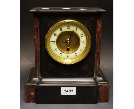 A 19th century black slate and rouge marble architectural timepiece, cream dial, Arabic numerals, step shaped case