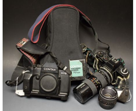 Photography - A Yashica Contax RTS III 35mm SLR camera, body only (titanium bottom/base missing); a Yashica FR I 35mm SLR cam