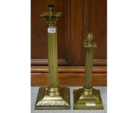 Lighting - a brass Corinthian column table lamp, stepped base, another similar smaller (2)