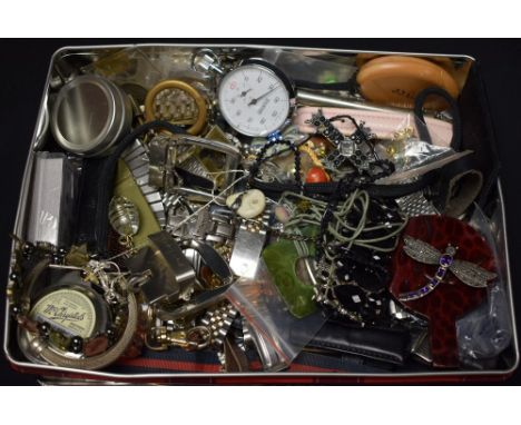 Jewellery & Watches - a dragonfly brooch, necklaces, bangle, earrings, belt buckles, etc;  a Herwins 100 seconds chrome cased