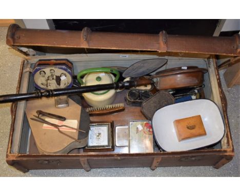 Boxes and Objects - a copper bed warming pan; a set of cast iron kitchen scales; a Mauchline ware box; Le Jockey Club, Paris 