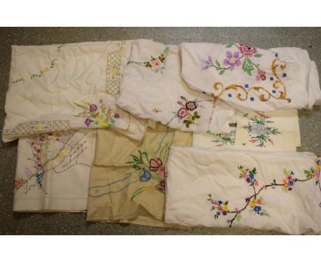 Textiles - hand embroidered linen tablecloths, Crinoline Lady, English Country Garden Flowers