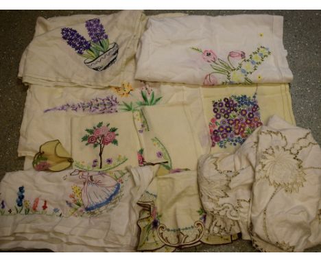 Textiles - hand embroidered linen tablecloths, Crinoline Lady, English Country Garden Flowers