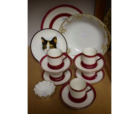 Ceramics - a late Victorian part tea set, cerise band; a plate, cat portrait 