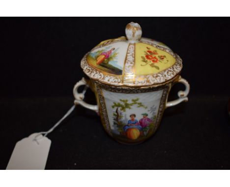 A Dresden chocolate cup and cover, decorated with alternating panels of courting couples and summer flowers on a yellow groun