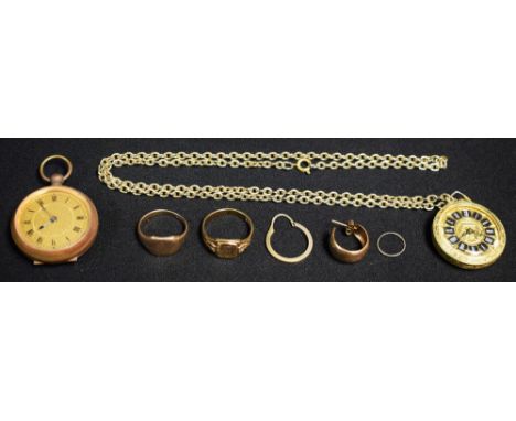 Jewellery and Watches - a 9ct gold signet ring; another 12g; a gold plated lady's open face pocket watch; etc.