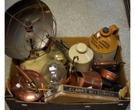 Kitchenalia - a copper kettle; a sad iron; long handled copper cider measures; White Bros, Derby stoneware flagon; Tilley par