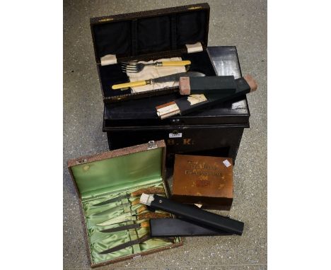 Boxes and Objects - a black tin trunk, painted initialised S.B.K 'C', slide nulls; a Boots wooden first aid kit; etc quantity