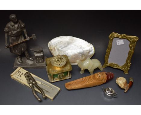 Boxes and Objects  - an engraved mother-of-pearl shell, with pagoda landscape; a meerschaum pipe; a Chinese metal mounted ink