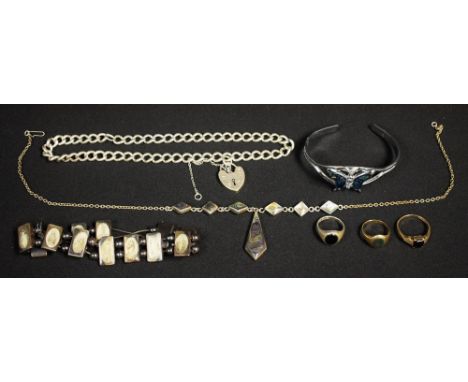 A silver heavy curb link bracelet, double length, heart shaped locket, approx. 38g; a 9ct gold bloodstone set ring; a 9ct gol