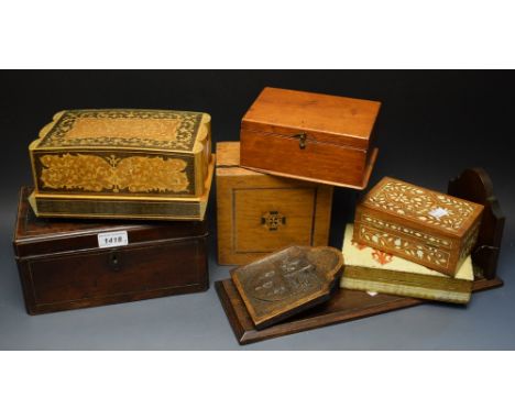 Boxes and Objects - a tea caddy; an inlaid musical cigarette box; a pair of folding bookends; treen boxes (7)