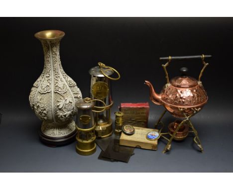 A copper spirit kettle and stand, repousse foliate design; a cast cinnabar vase on stand; a quantity of glass slides, boxed; 