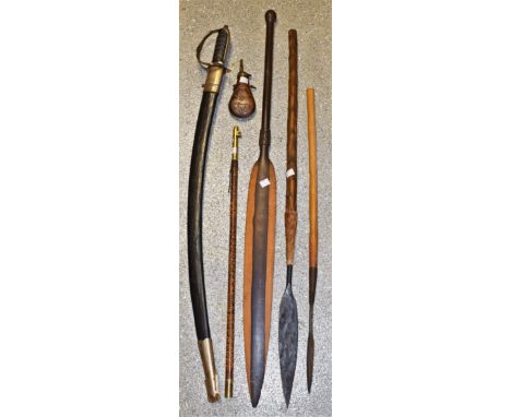 Tribal Art and Weapons - a  Zulu short spear; a Maasai hardwood short spear or club; another; an Indian cavalry sabre; a copp