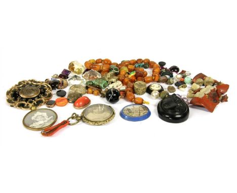 A quantity of assorted loose gemstones, metal items and watch parts, to include a micro mosaic panel, a carved jet cameo, an 